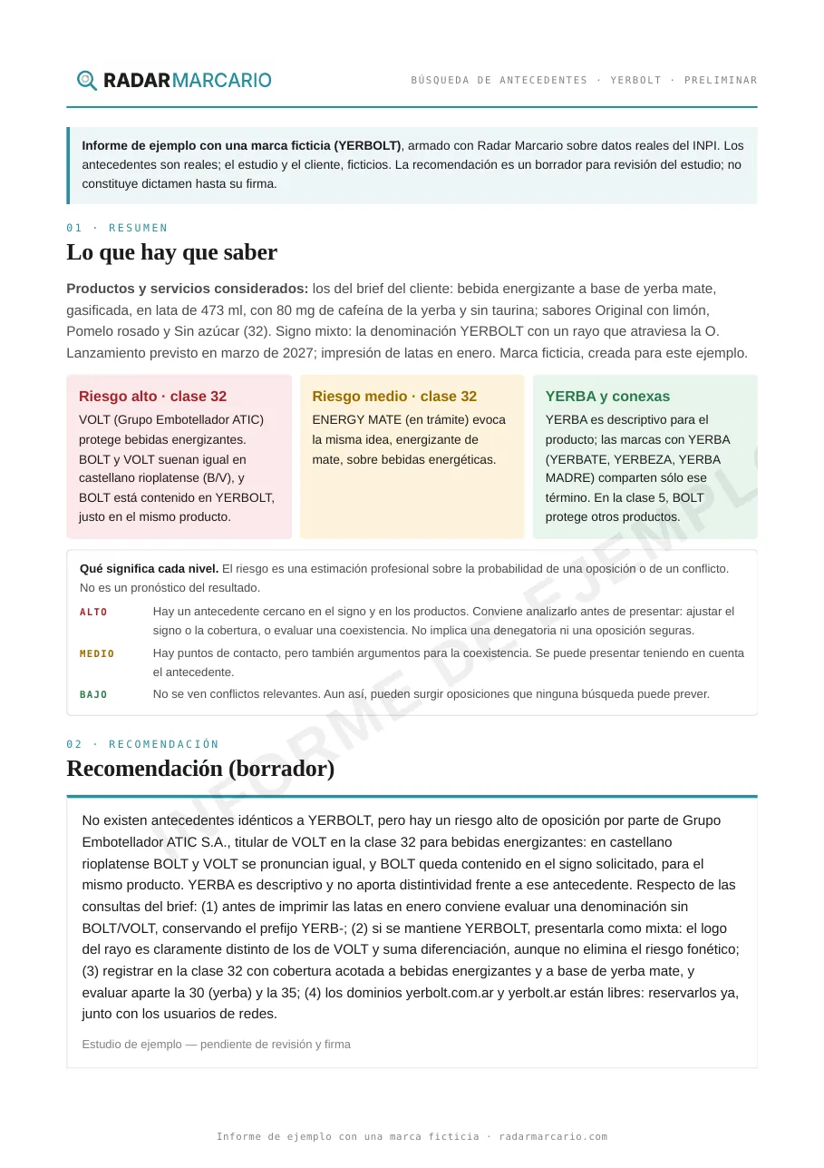 Página 2: el resumen con el semáforo por nivel, qué significa cada nivel y la recomendación en borrador.